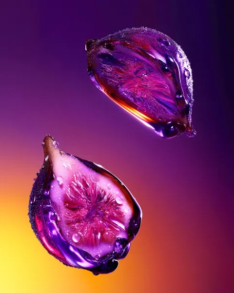 An editorial ultra realistic ingredients visual of 2 candied fig fruit, pink core, floating
