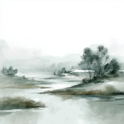 Watercolor, muted green and gray landscape, white background, neutral soft color palette.