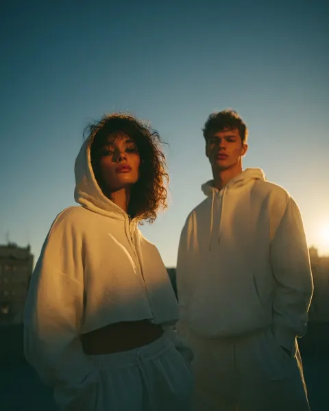 An editorial fashion photoshot of two people wearing one a jogging outfit and the other a hoodie