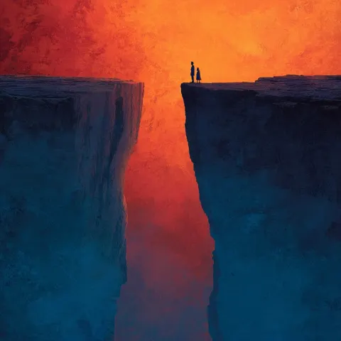 An emotional cinematic artwork of two people standing on either side of a divided canyon