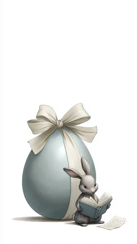 An illustration of a happy and relaxed eastern bunny reading a book, and passing pages