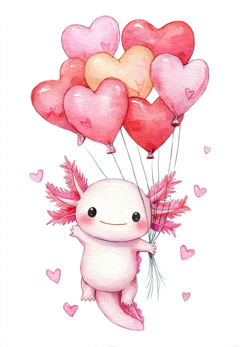Kawaii valentine axolotl holding heart balloons , white background