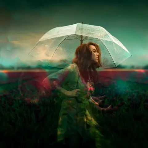 An ultra-photorealistic whimsical double exposure image of a beautiful woman enjoy a rainy spring da