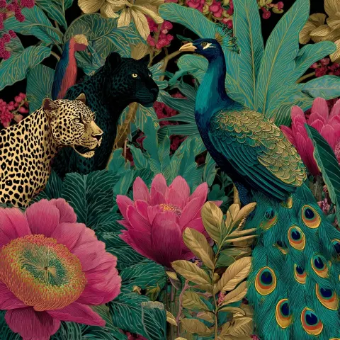 Art deco jungle luxe with deep bright colors with black leopards and peacocks and oversized leaves.