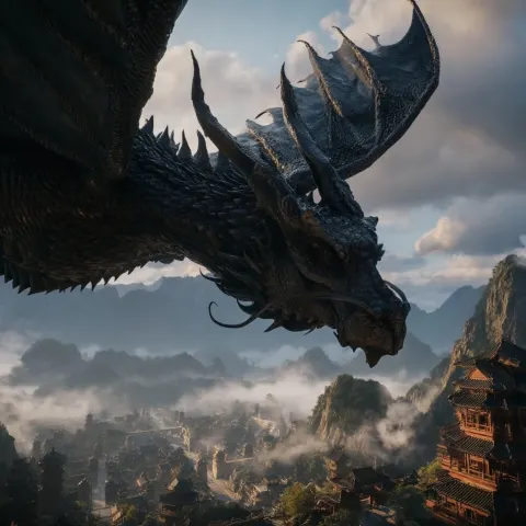 Asian style dragon with black scales. i want him to be flying through an ancient chinese city