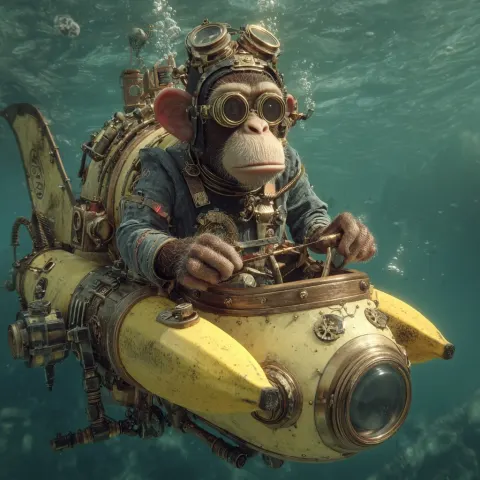 Banana bathysphere in pelagic steampunk style with captain monkeypants