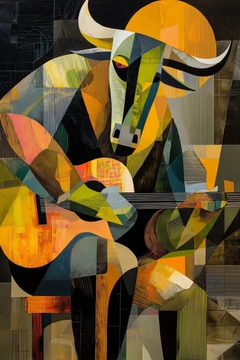 Baroque pop art painting of a minotaur sitting on a wooden chair while playing the guitar