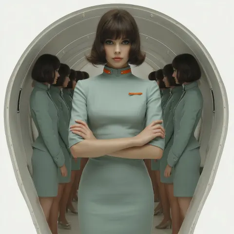 Beautiful 1960s retro futuristic jetson inspired space age work team photo of a brunette woman