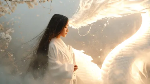 Beautiful spiritual japanese woman in flowing white kimono standing in soft mist