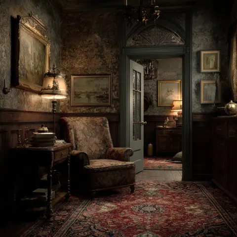 Blend this image into a new background with more room around it, vintage looking room 1920s