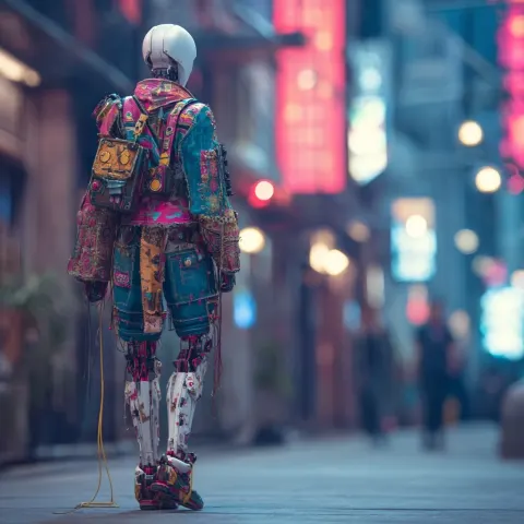 An androgynous-looking android, walking through a cyberpunk city