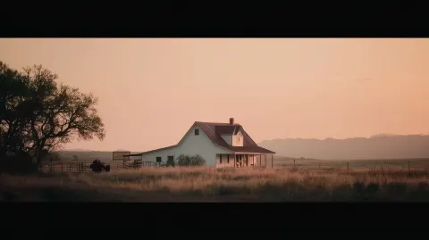 Cinematic background of Dutton Ranch series, ranch white house in the fields.