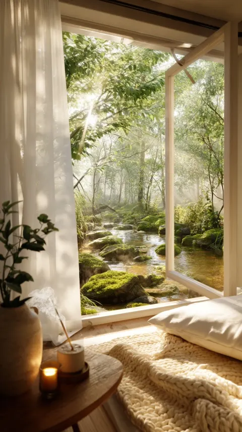 A photorealistic cozy interior beside an open window, sheer white curtain