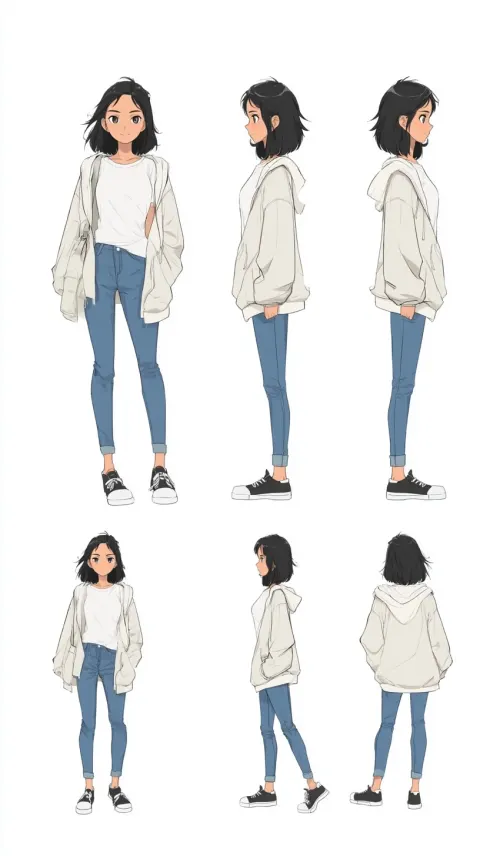 Anime character setting, a Chinese young woman, wearing casual everyday clothes (simple t-shirt