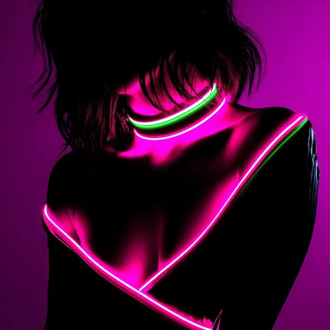Dark moody blacklight scene, female silhouette with neon glow outlines, minimal visible details