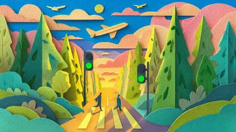 Paper cut style illustration, quiet street crosswalk scene