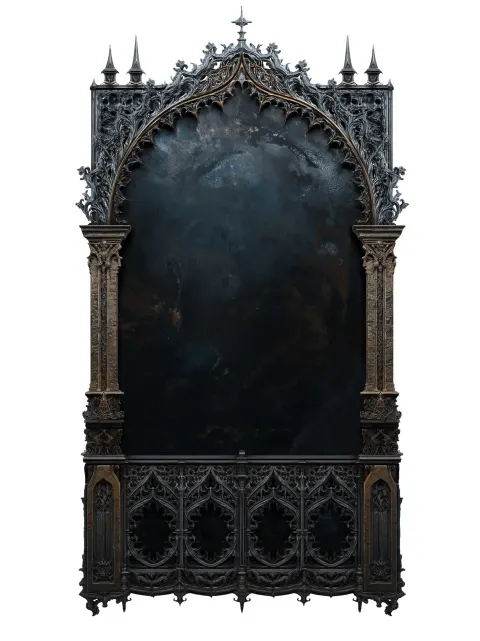 Blank vertical ınventory UI panel for a dark fantasy game, empty central area with zero assets