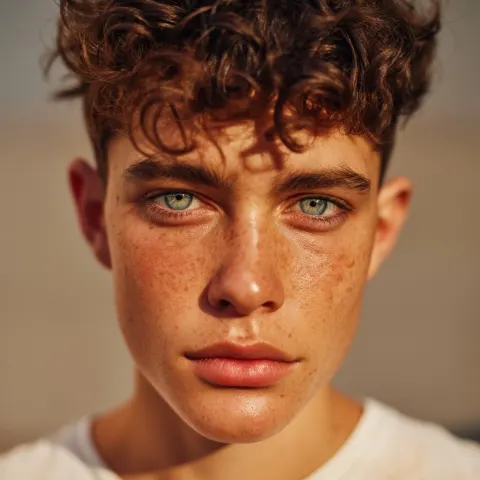 Photorealistic portrait of a young person with visible acne and dark circles under eyes