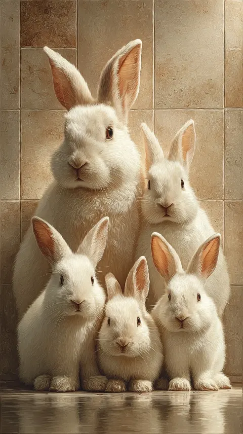 5 very little white rabbits in the tile salon, all rabbits is different size, general plan