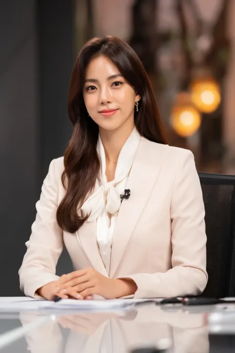 Midium shot, a beautiful Korean presenter on the desk