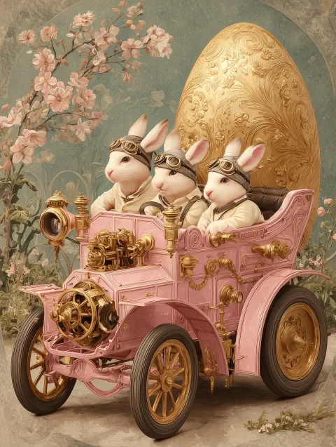 Steampunk aesthetic, a mechanical pink metallic car with brass gears