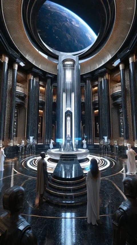 Ultra-realistic photographic high definition interior throne hall of the space city