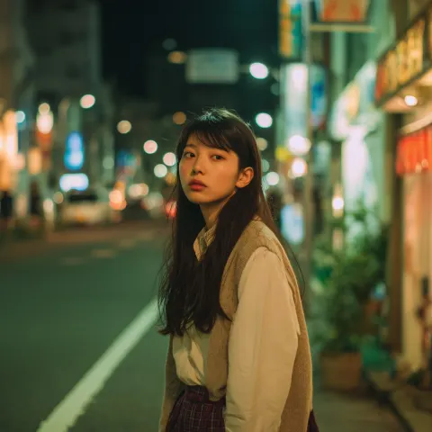 Realistic photo, Japanese teenage girl alone in a quiet city street at night, candid one-shot