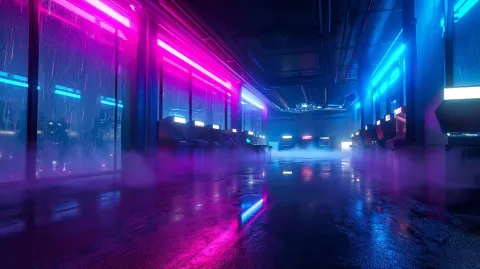 Professional close up photography of an empty retro arcade interior at night