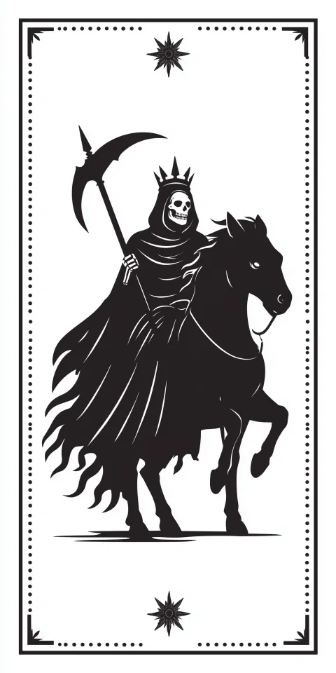 Grim Reaper wearing a crown and medieval knight armor on a horse, black ink on white background