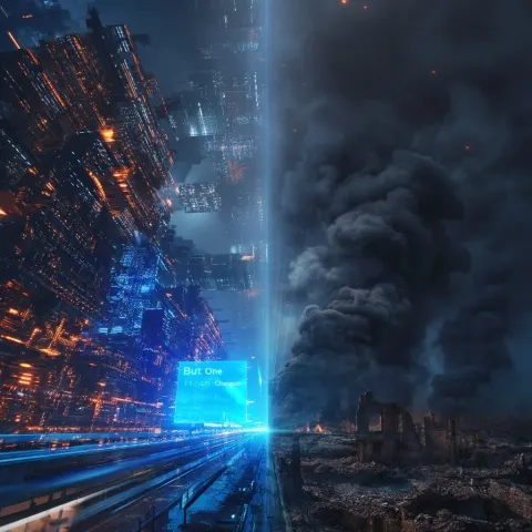 Contrast shot advanced futuristic city on one side, dark smoke and war ruins on the other side