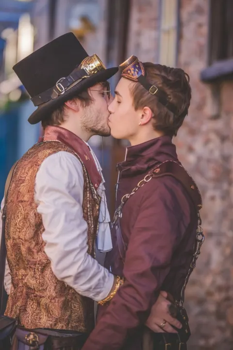 Steampunk two young men kissing