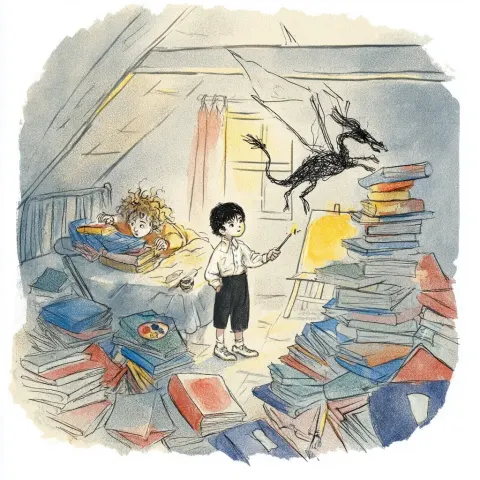 Whimsical 2D children's book illustration, flat hand-drawn style. A small attic room overflowing wit