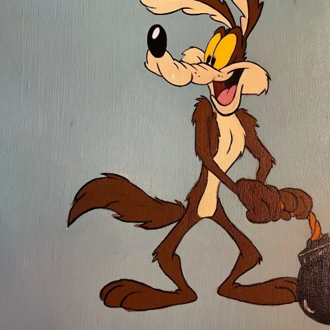 A painting in the The Loony Toons animation style, in an Joyful and Cheerful mood of a wile e coyote