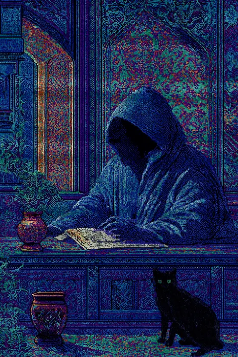 Cloaked hooded monk sitting at his desk while a black cat walks by, bold popping colors
