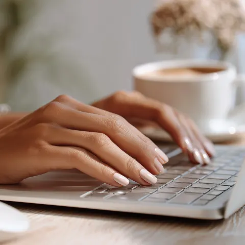 Close-up of real female hands with simple manicure tapping on a laptop trackpad