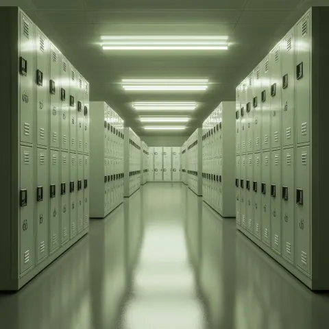 Corporate locker room with a maze of rows of identical lockers, clean and modern design
