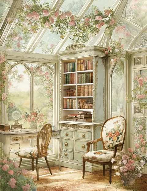 Cottagecore Victorian bookcase in a glass garden conservatory. A lady's elegant writing desk sits in