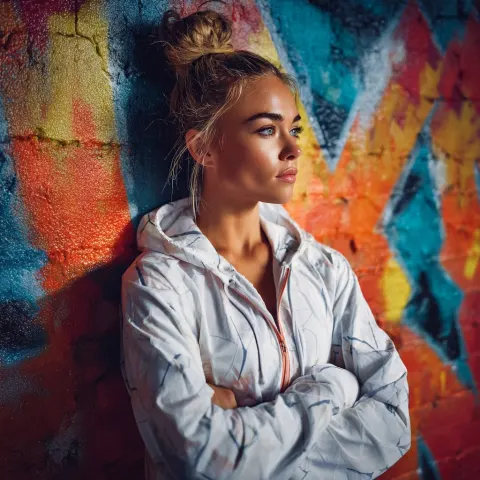 Creat a beautiful fitness model in a blank blank hoodie.hair up in a bun, sporty fit, yoga pants