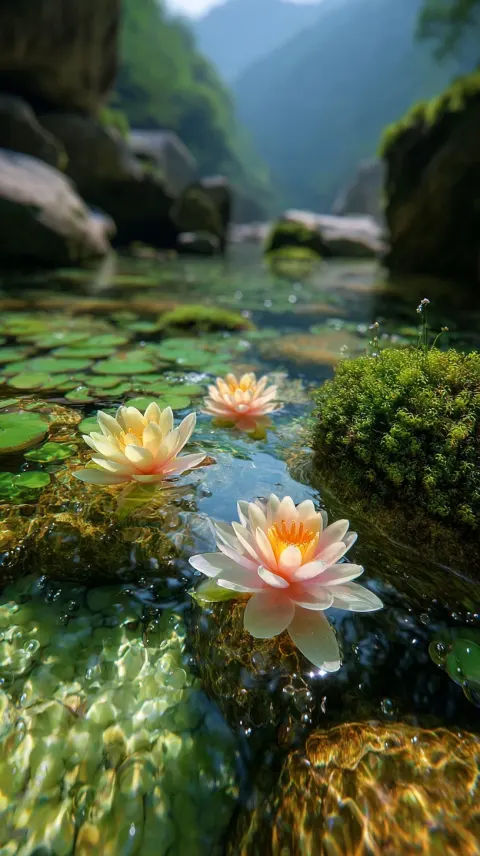 Zen Mountain Stream with Water Lilies