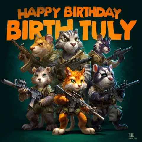 Cute cartoon animals with rifles celebrating with banner saying "HAPPY BIRTHDAY TULLY"