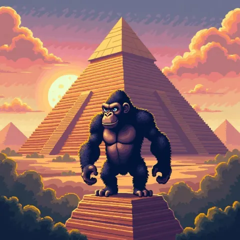 Chibi Gorilla Scaling the Pixel Great Pyramid