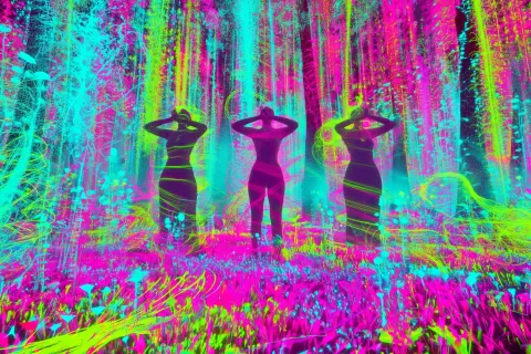 Cinematic photoreal surreal sci-fi media art frame, a luminous alien purification forest fills the c