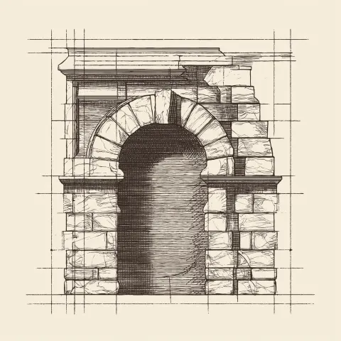 Detailed architectural technical drawing of Roman voussoir arch cross-section, ink