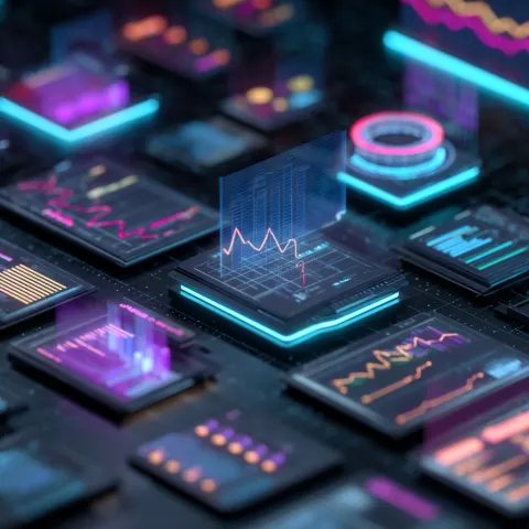 Digital office with floating AI holograms and glowing charts, futuristic analytics environment