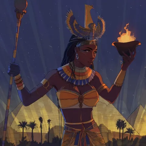 Egyptian goddess ma'at at nile night festival near pyramids. Modern Egyptian themed attire