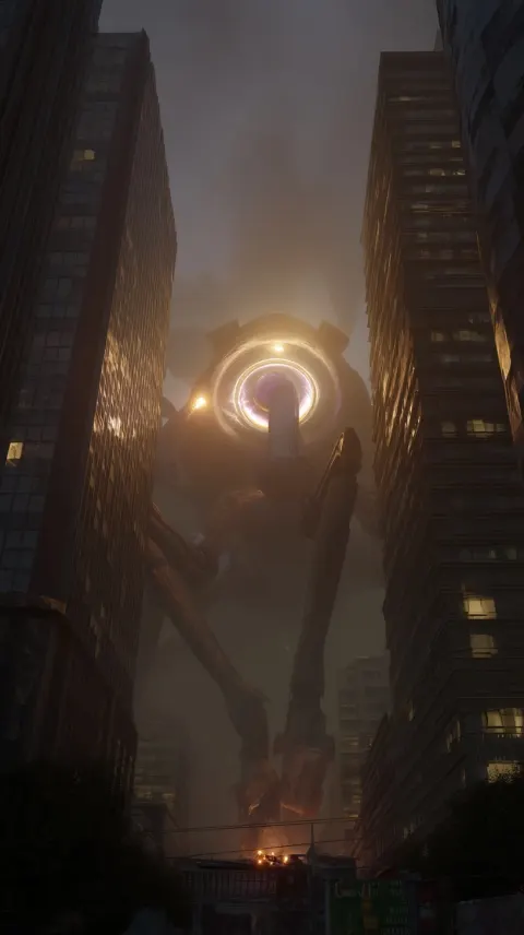 Enormous asymmetrical war mech dominating city skyline at dusk, dramatic lighting