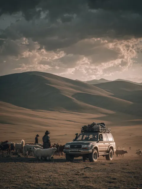 Expedition-ready Toyota Land Cruiser driving across vast Mongolian plains