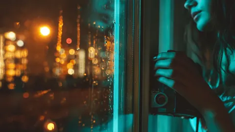 Extreme close-up of a hand holding a vintage cassette player near rain-streaked window at night