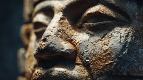 Extreme close-up of ancient olmec colossal head face, highly detailed stone texture