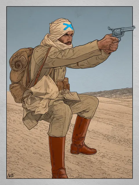 Comics illustration of a man in khaki military uniform, backpack, tall brown leather boots